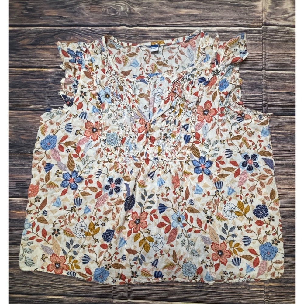 Old Navy Womens XL Floral Sleeveless Ruffle Blouse V-Neck Cotton Rayon Top - Picture 2 of 13